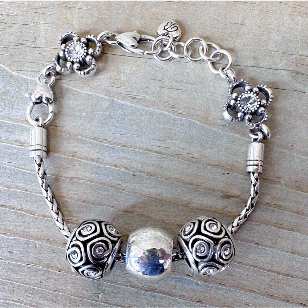 Brighton Silver Multi Faceted Crystal Bead Charm Wheat chain Bracelet 8"